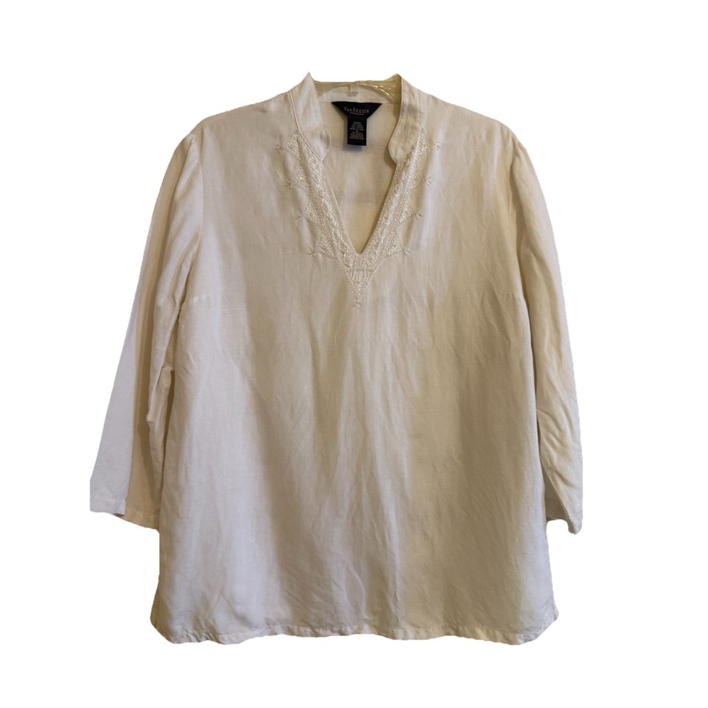 Van Heusen Size Med. Beaded Linen Blend V Neck Top White 3/4 Sleeve Shirt Casual